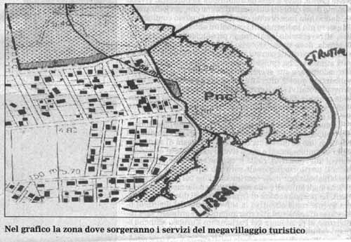 Il grafico evidenzia l'agglomerato di villette dell'Asparano con davanti il tratto costiero sul quale sorgeranno i servizi del villaggio.
